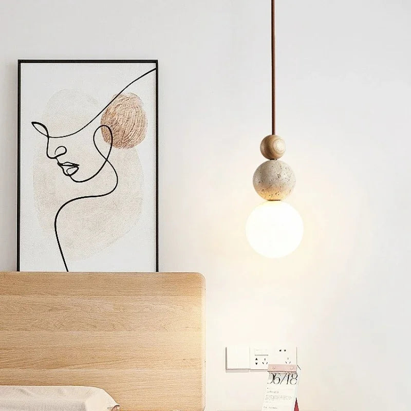 Solara kő- és fa függeszték lámpa wabi sabi stílusban, finom világításhoz és dekorációhoz