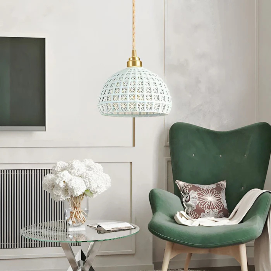 Aethera Keramik-Pendelleuchte für Ess- und Wohnzimmer mit Kupferakzenten