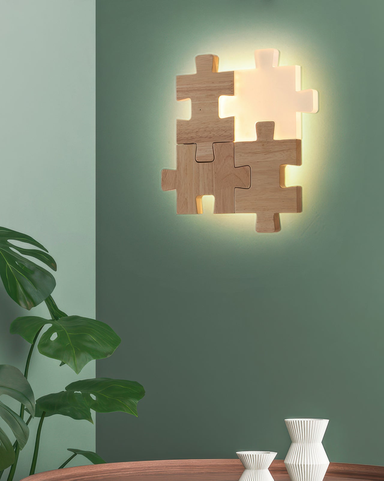 SylvaOak dřevěná puzzle LED nástěnná lampa v severském minimalistickém designu pro moderní interiéry