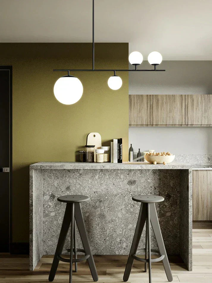 Vespera | Lustre minimaliste à boules avec tiges droites et lumière blanc chaud