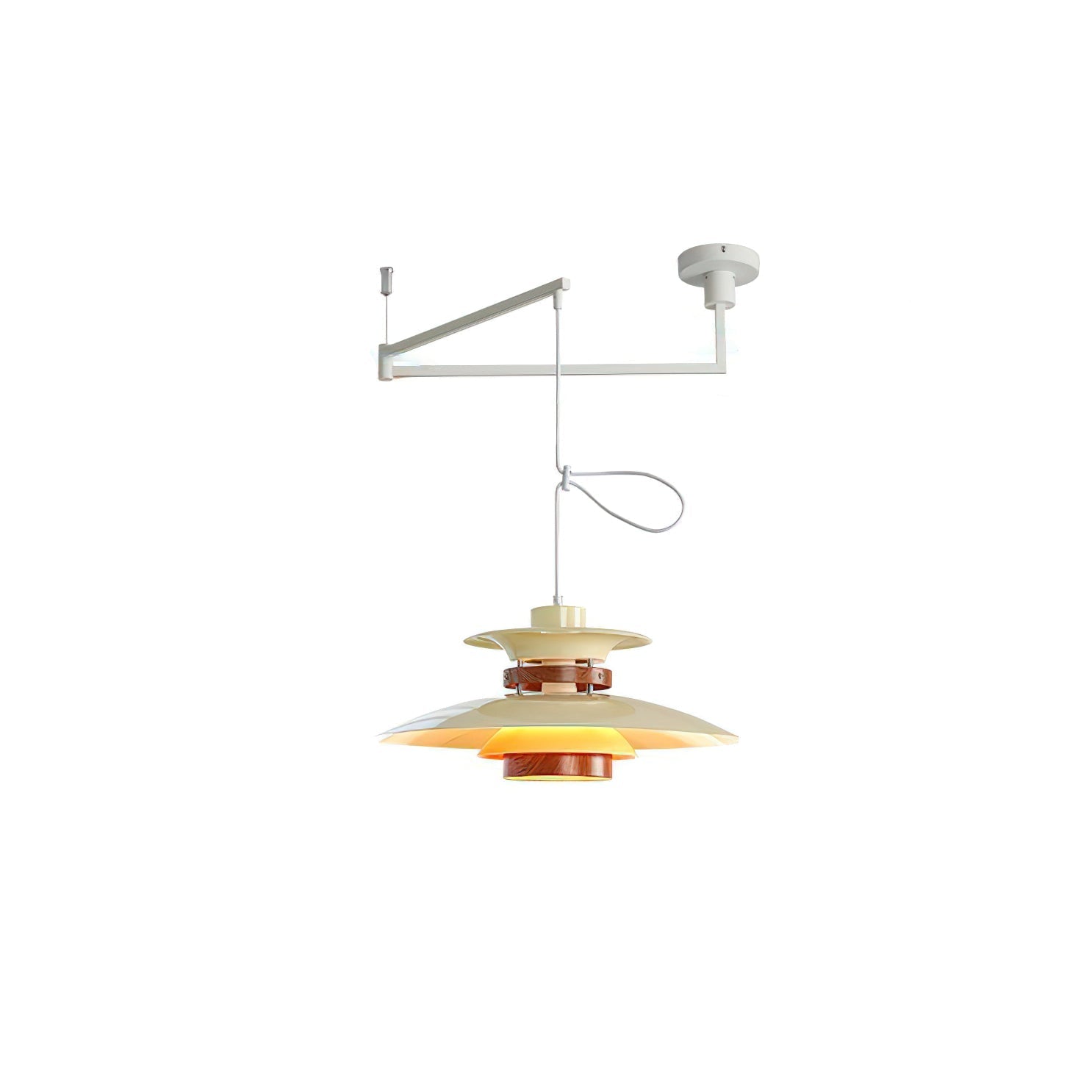Lampada a sospensione Aurelle Four con quattro paralumi LED e braccio snodato per un'illuminazione scandinava diffusa