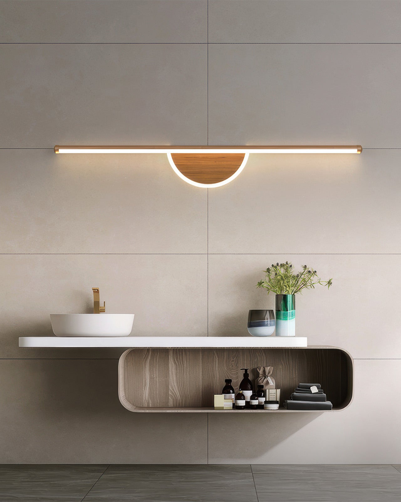 Iluminación ambiental para fondo de TV con lámpara de pared de madera Sylva Arc y resplandor suave de tubo