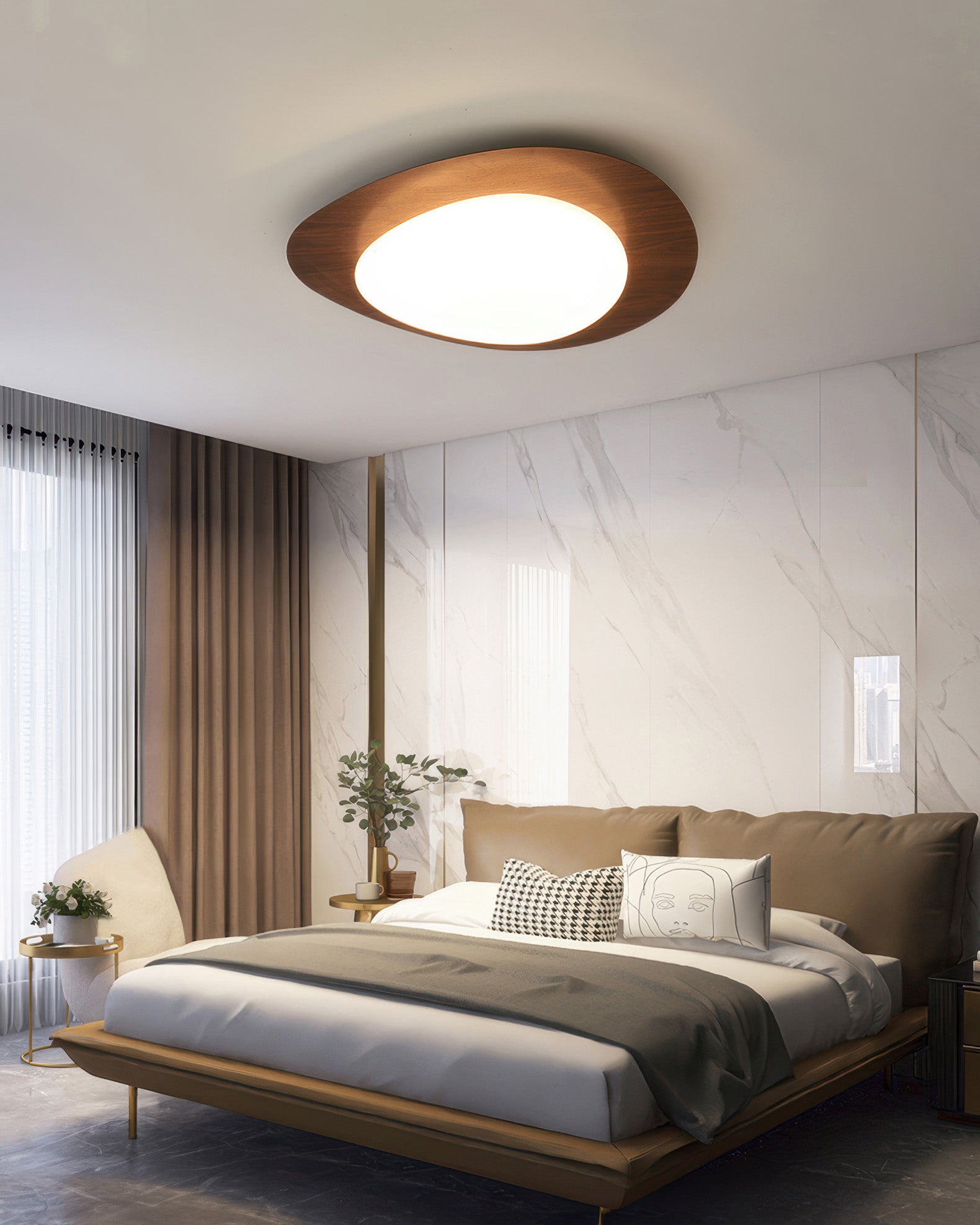 Lámpara de techo LED Nyra Nordic Pebble con acabado en veta de madera para interiores escandinavos