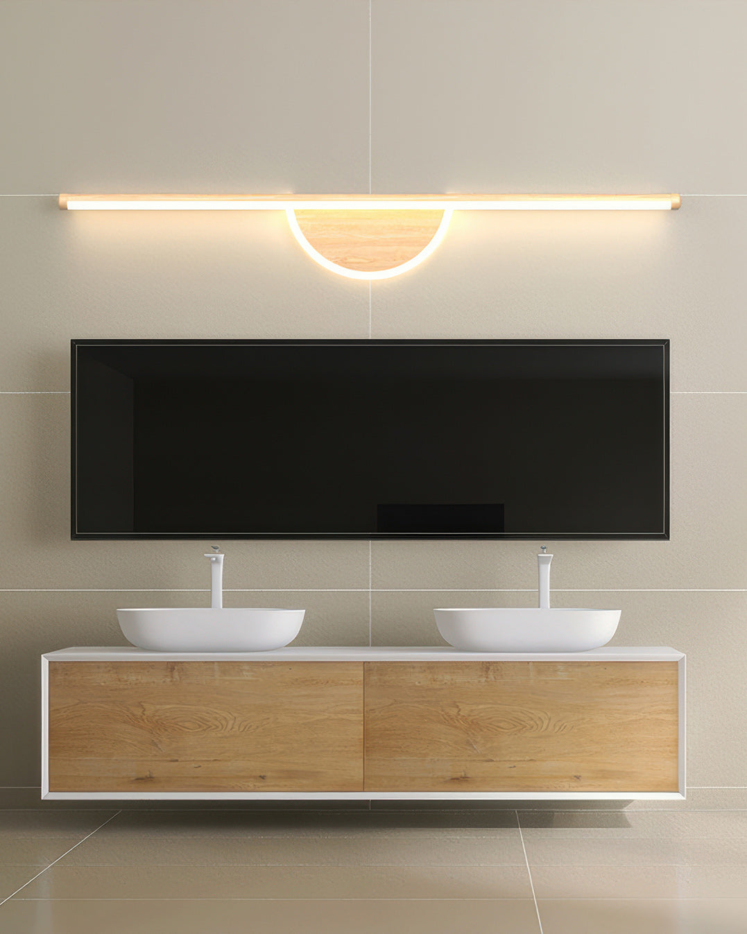 Iluminación ambiental para fondo de TV con lámpara de pared de madera Sylva Arc y resplandor suave de tubo