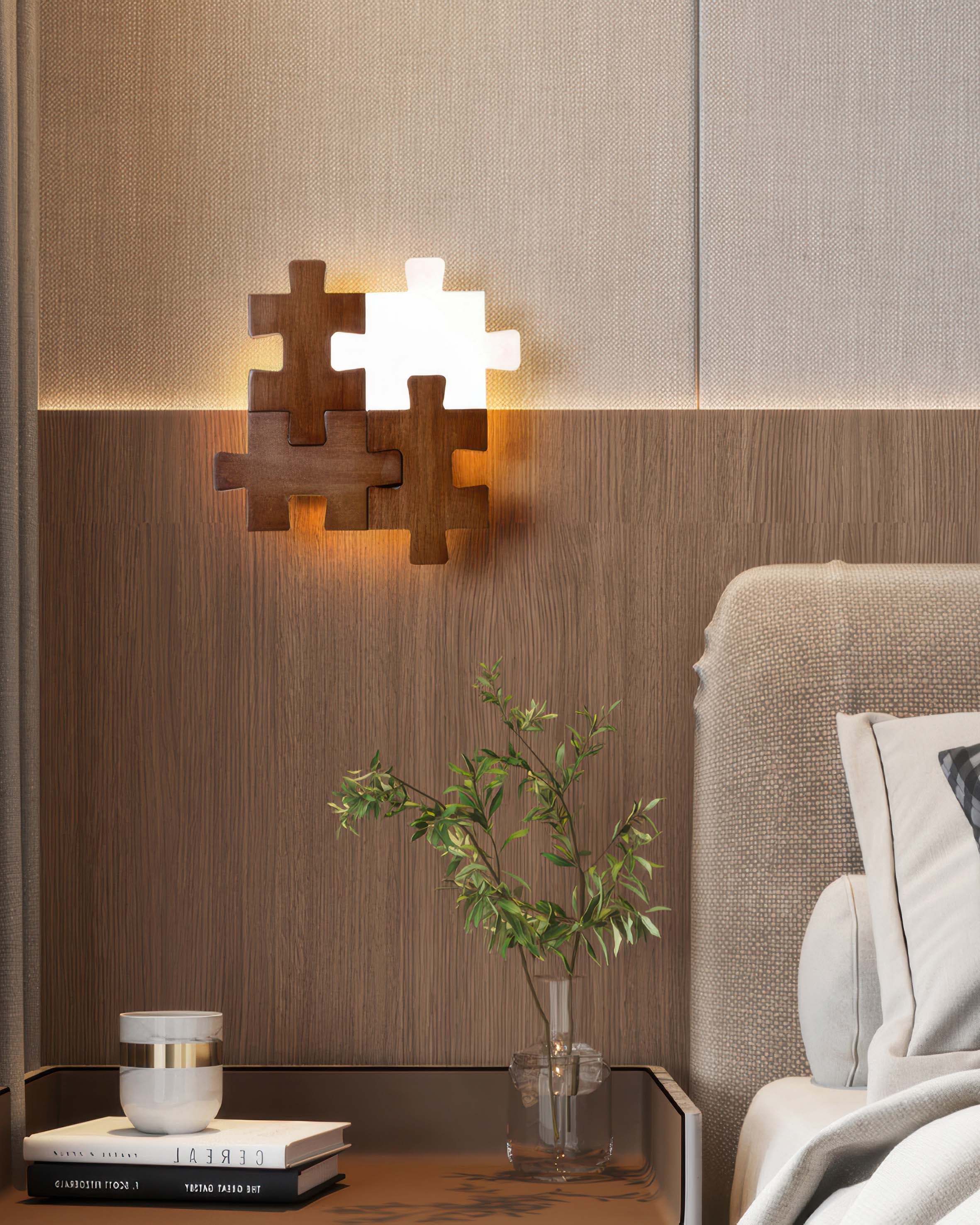SylvaOak dřevěná puzzle LED nástěnná lampa v severském minimalistickém designu pro moderní interiéry