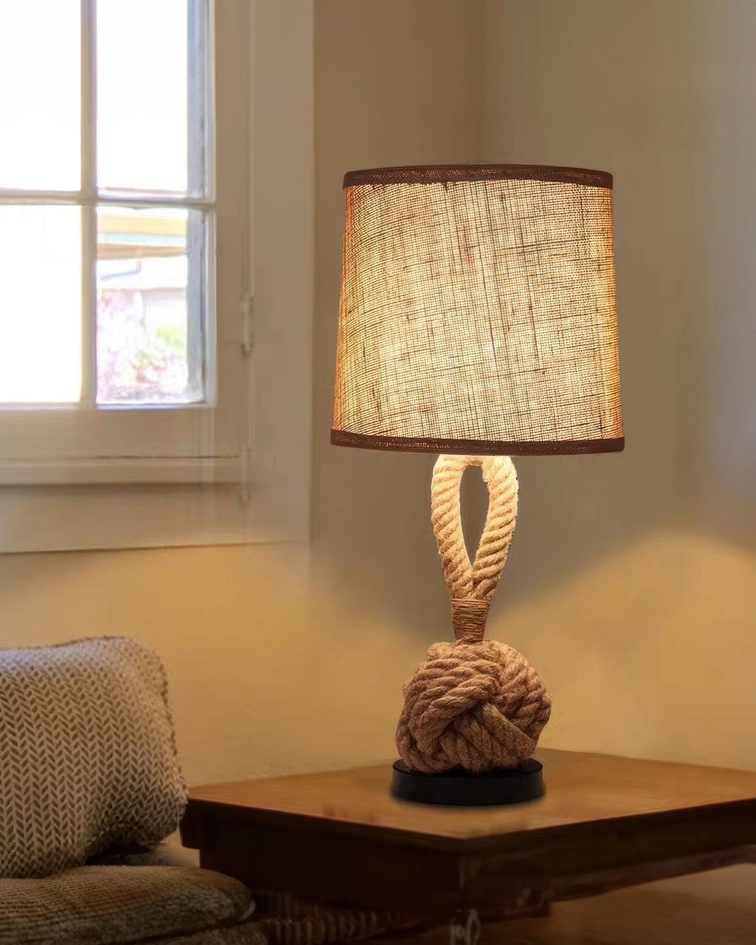 Hemp Rope Table Lamp With Linen Shade And E27 Socket By Lumenara
