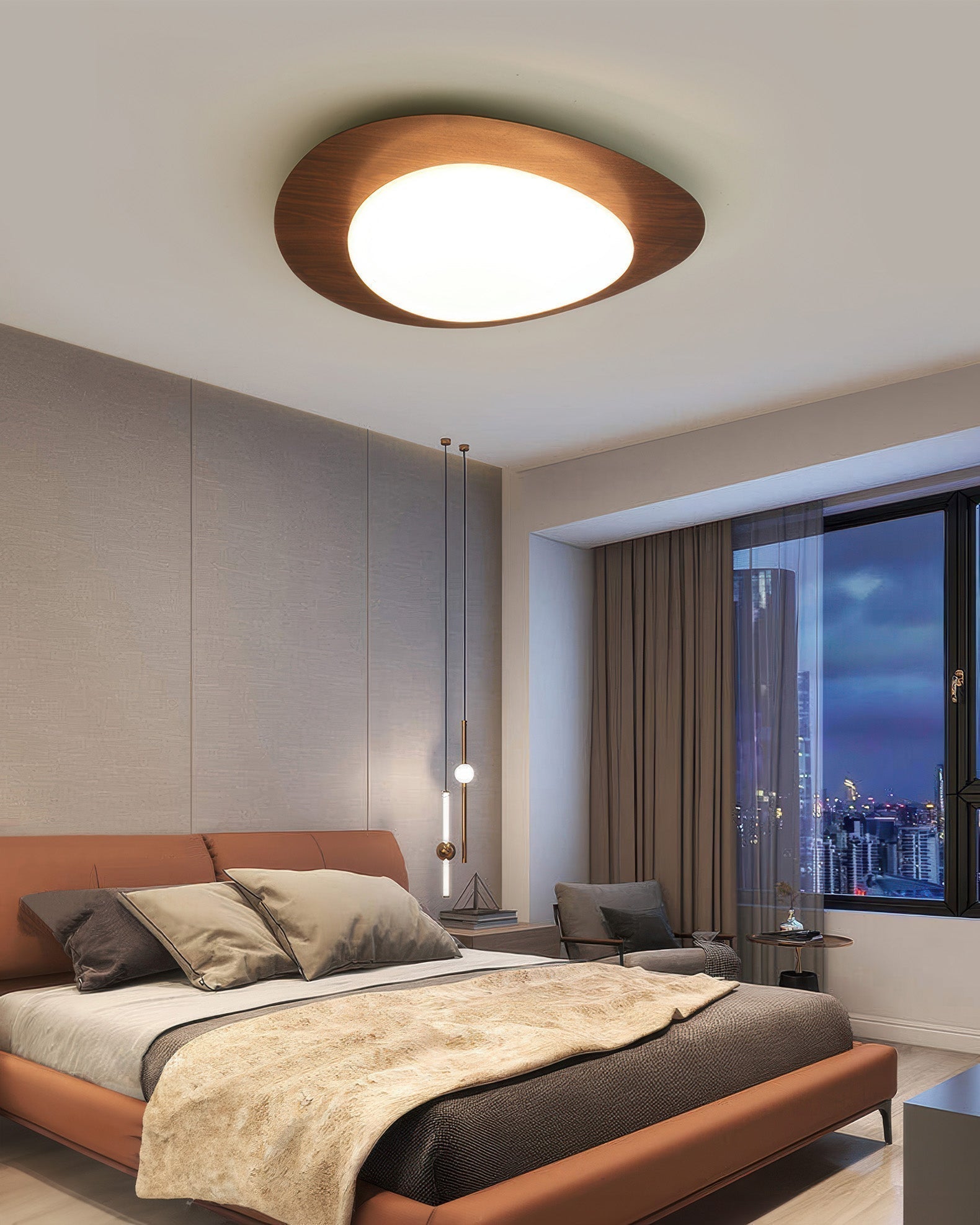 Lámpara de techo LED Nyra Nordic Pebble con acabado en veta de madera para interiores escandinavos