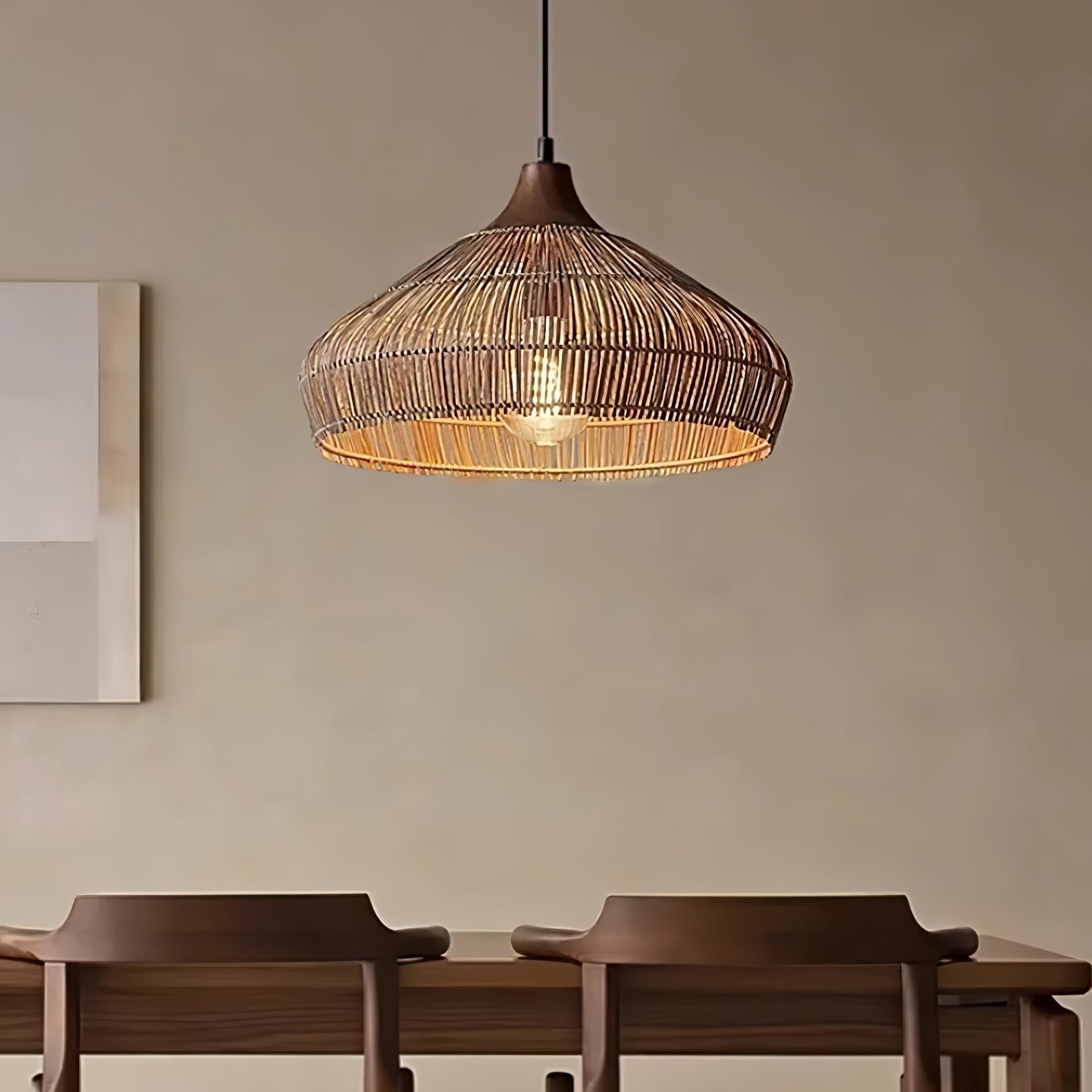 Suspension Lumenara en rotin et bois avec ambiance LED chaleureuse